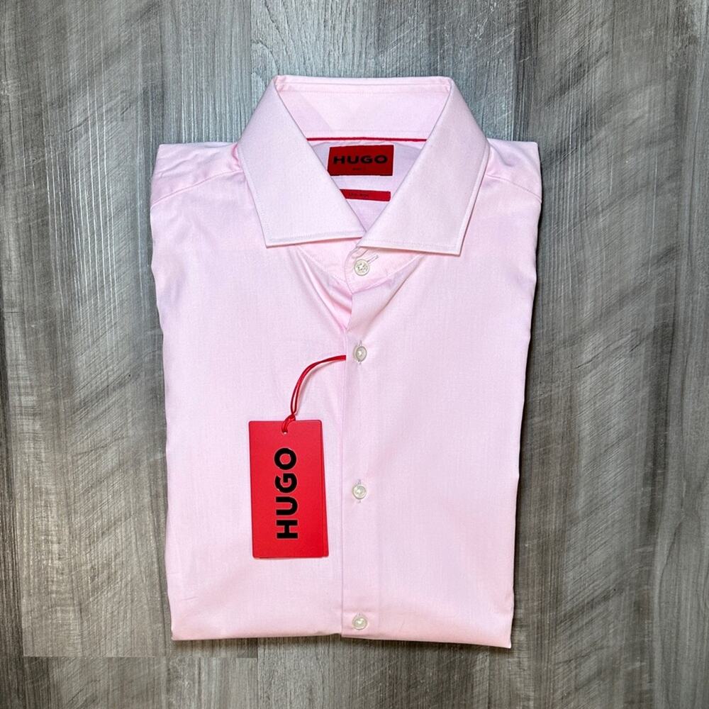 HUGO Slim Fit Easy Iron Pink Long Sleeve Button Down - 15.5 (Medium)